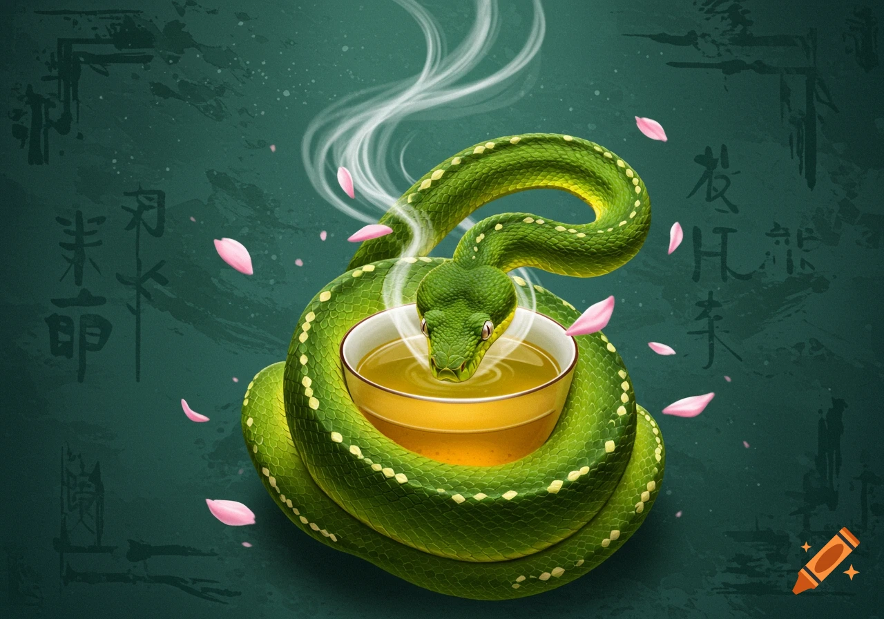 A vibrant green snake coiled around a steaming cup of green tea, surrounded by pink cherry blossoms and subtle Asian calligraphy on a dark teal background.