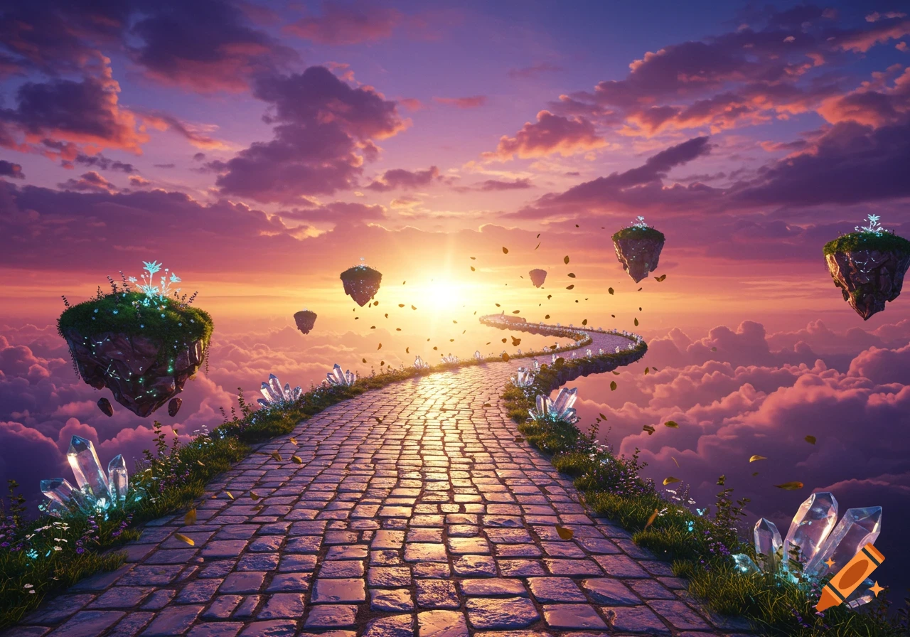 A winding cobblestone path stretches through a vibrant pink and purple cloudy sky, flanked by glowing crystals and floating islands.