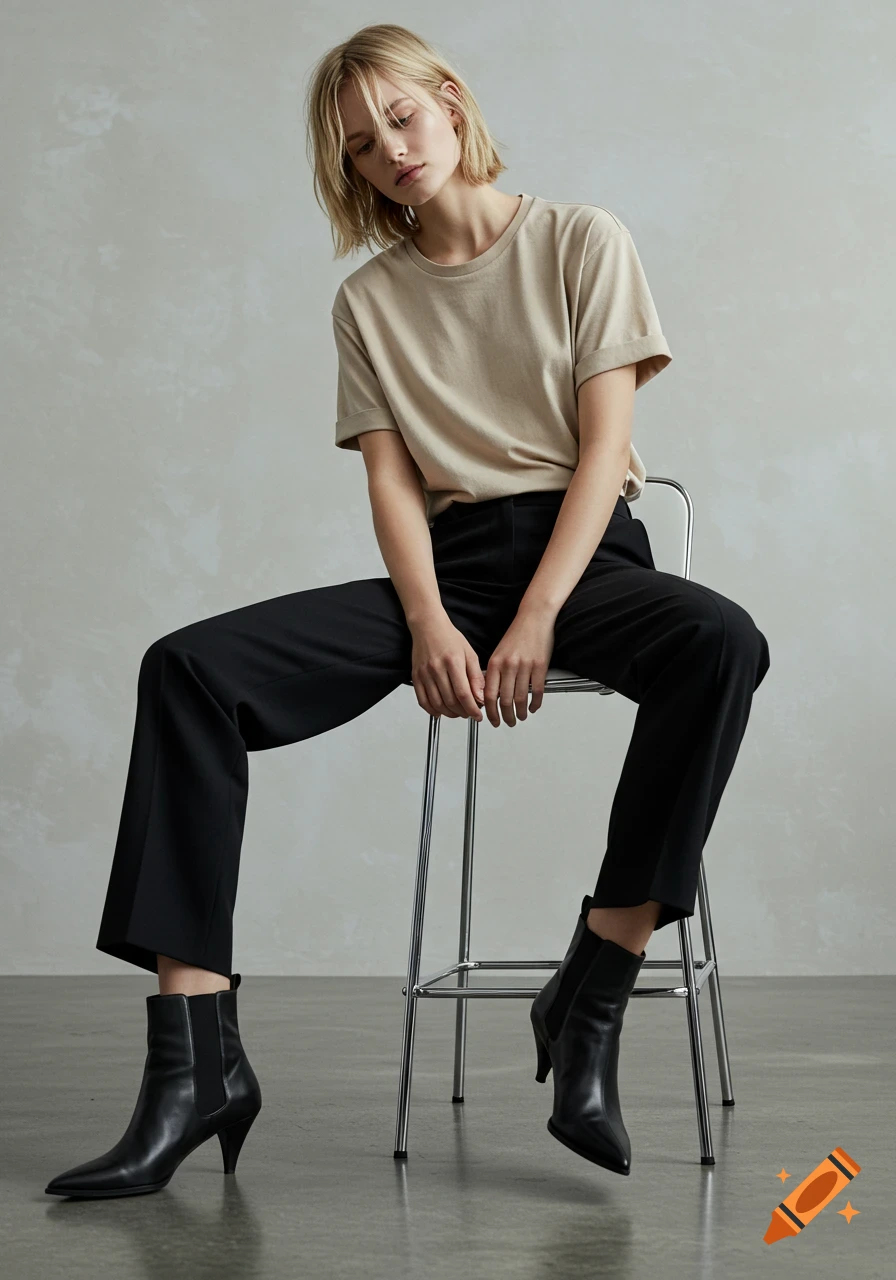A young woman with short blonde hair sits on a barstool, wearing a beige t-shirt, black pants, and black boots. Photorealistic.