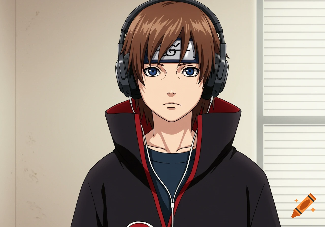 Anime boy with brown hair in Akatsuki robe, headphones, and Konoha headband, looking seriously at the viewer.
