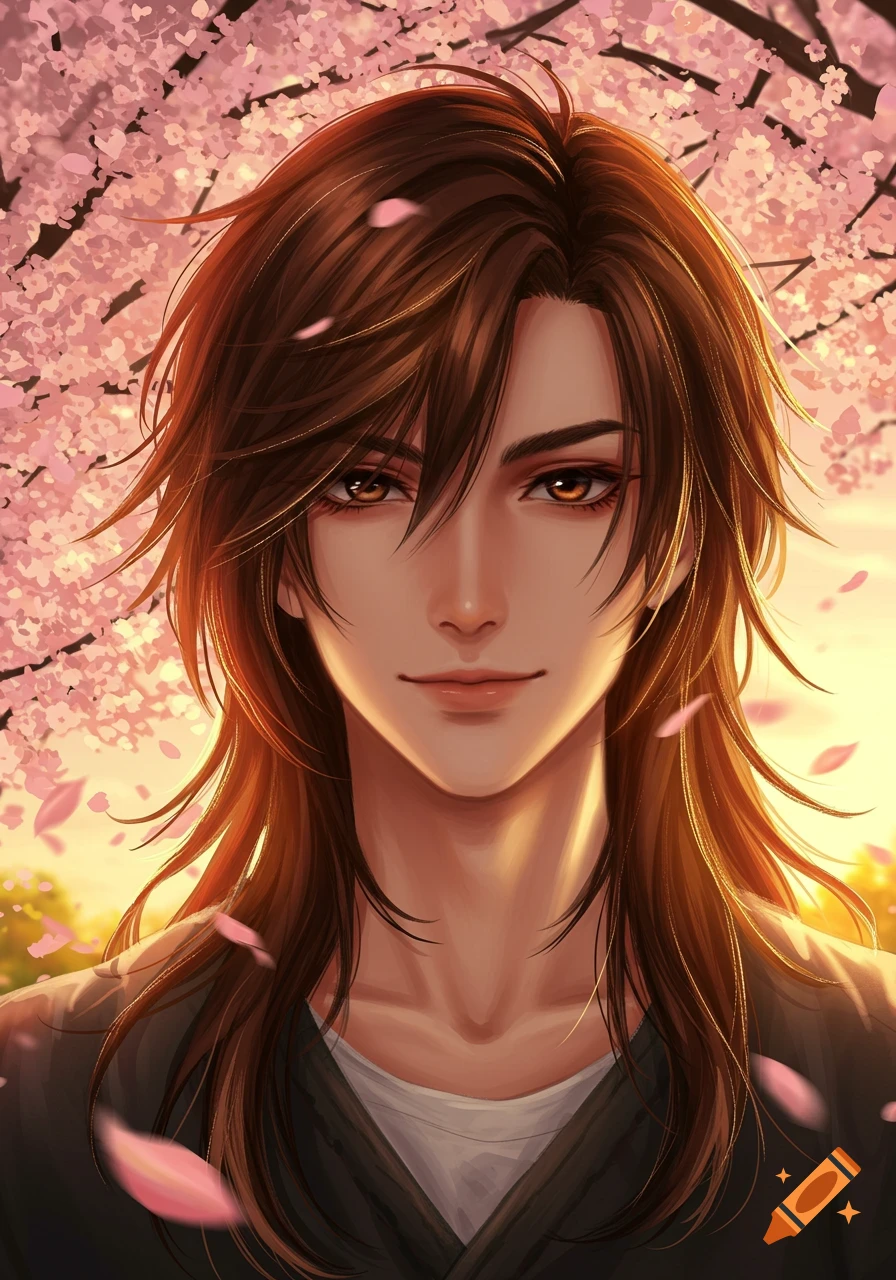 Anime boy with long brown hair, brown eyes, and a confident smile surrounded by pink cherry blossoms and a sunset sky.