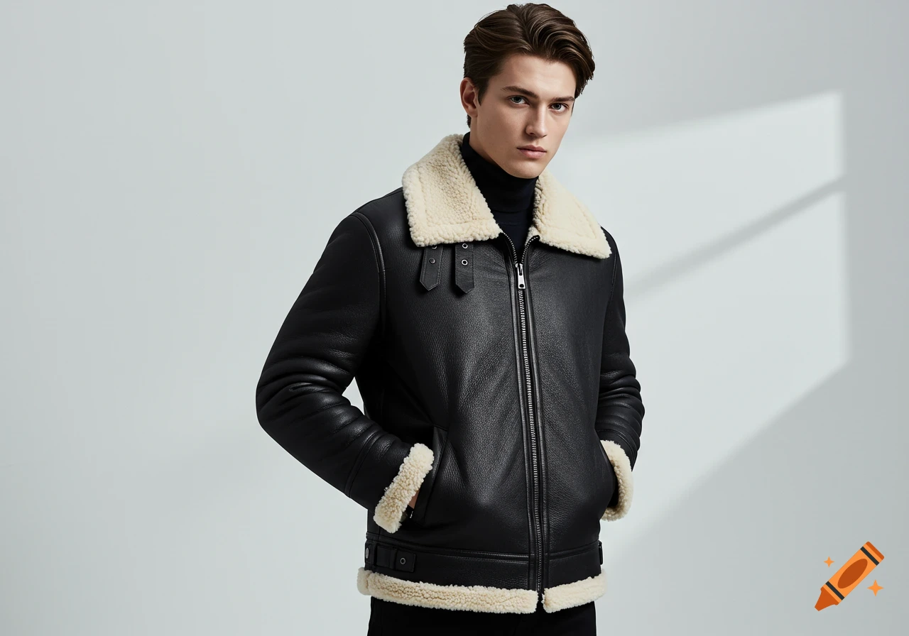 A young man with dark hair poses, wearing a black shearling leather jacket and black turtleneck against a light background.