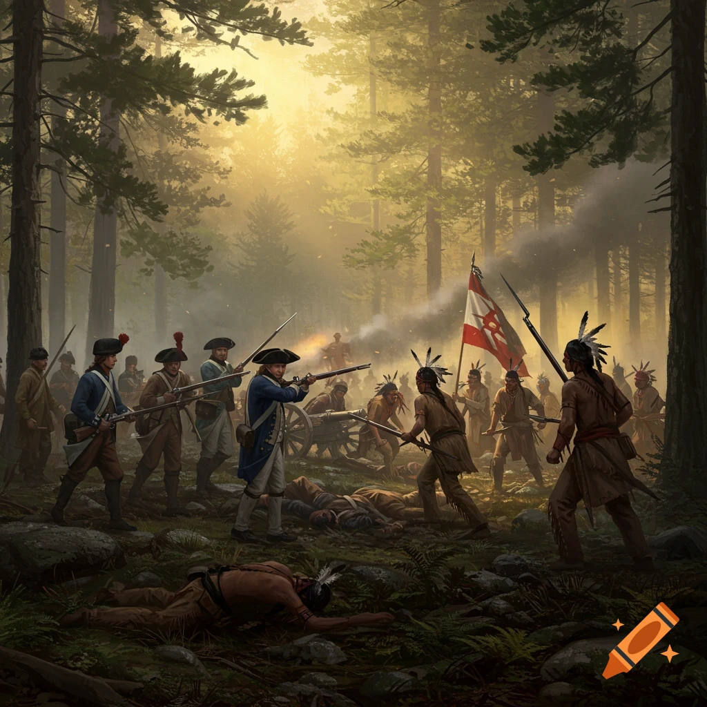 A detailed painting of a historical battle in a dense, smoky forest, with European soldiers and Native American warriors fighting amidst fallen figures.