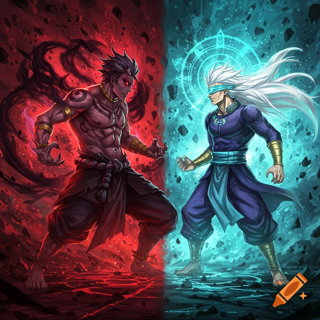 Stylized anime art of a muscular, demonic character with red eyes and black markings facing a white-haired, blindfolded character with blue magical energy.