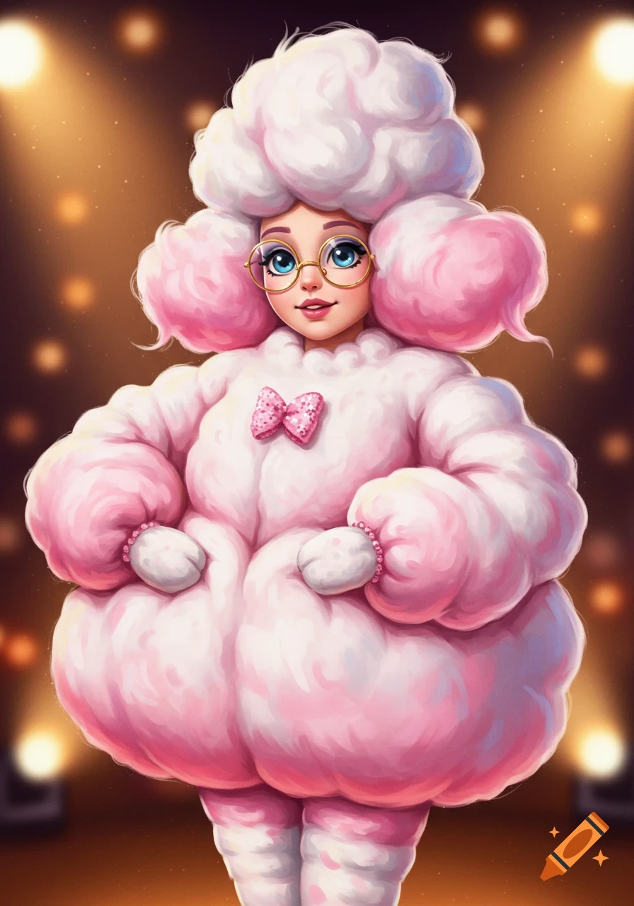 Vibrant illustration of a character in a fluffy pink and white sheep costume, with blue eyes, round glasses, and a pink bow.