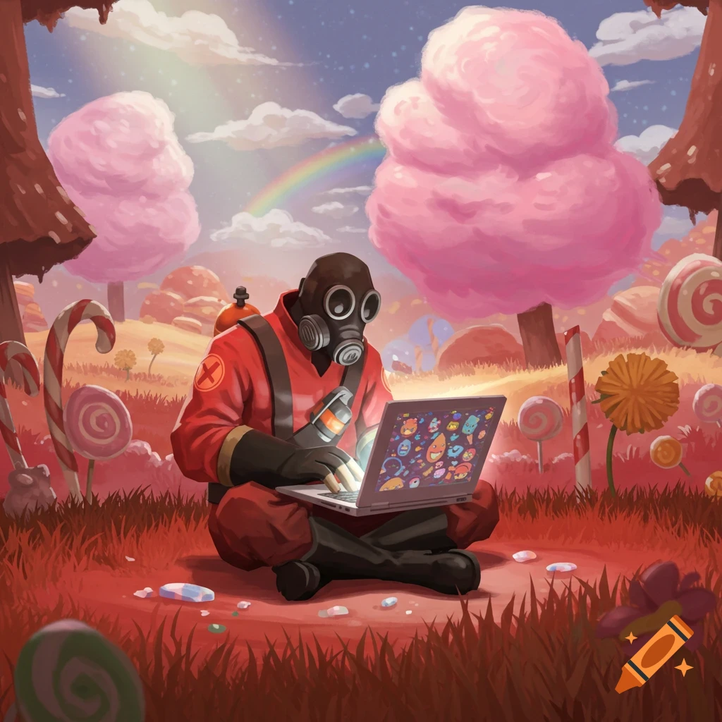 Pyro from Team Fortress 2 sits in a whimsical candy land, looking at colorful cartoon characters on a laptop screen.