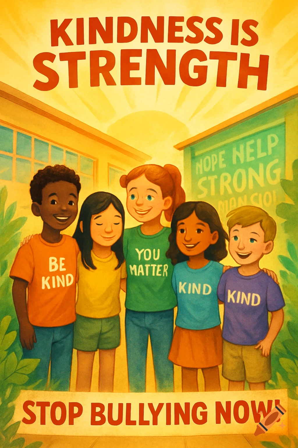 Five diverse children smiling and standing together with their arms around each other in a cartoon illustration. Slogans say "Kindness is Strength", "Stop Bullying Now!", "Be Kind", and "You Matter".