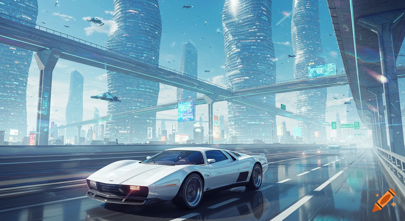 A white futuristic car drives on a sleek elevated highway through a gleaming cityscape with towering skyscrapers and flying vehicles under a bright sky.