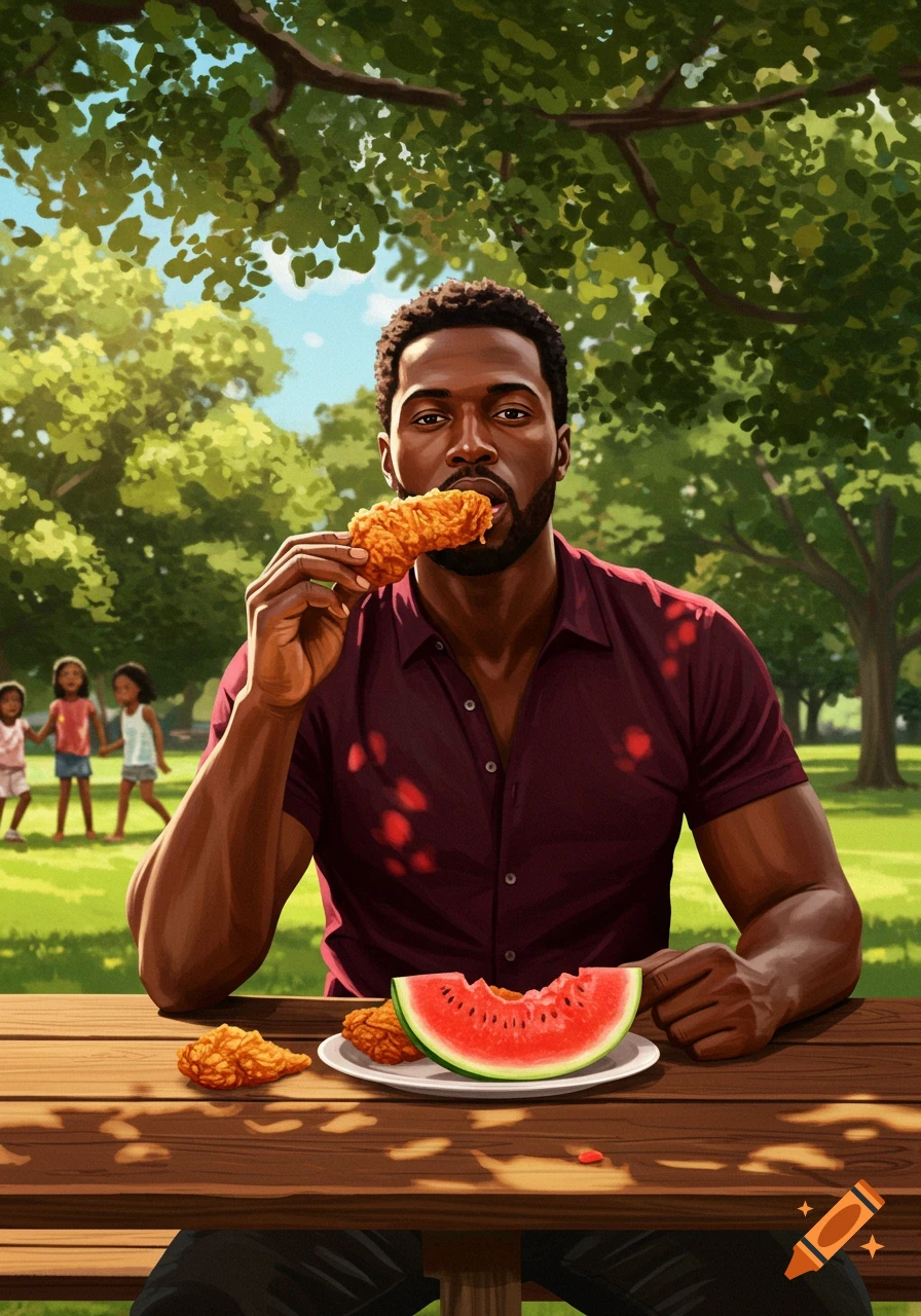 A Black man eats fried chicken and watermelon at a wooden picnic table outdoors. Children play in the sunny park background. Digital art style.