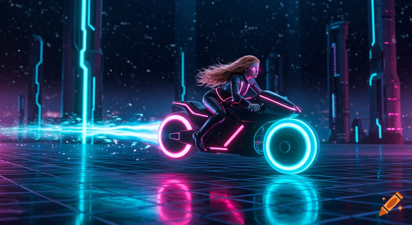 A woman with reddish blonde hair rides a neon-pink and blue light cycle through a futuristic cyberpunk city at night.