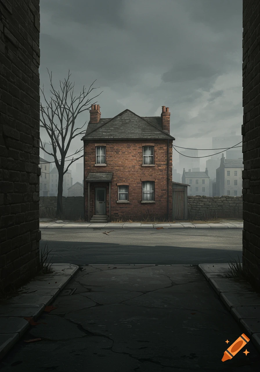 A bleak, brick house on a gray street framed by brick walls, with a bare tree and distant buildings under a cloudy sky.
