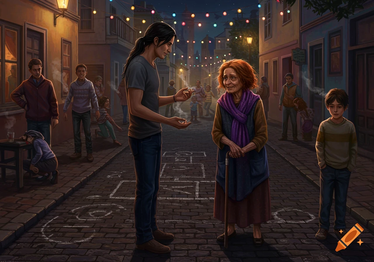 An evening street scene with a man talking to an old woman with a cane under colorful string lights. Children play hopscotch in the background.