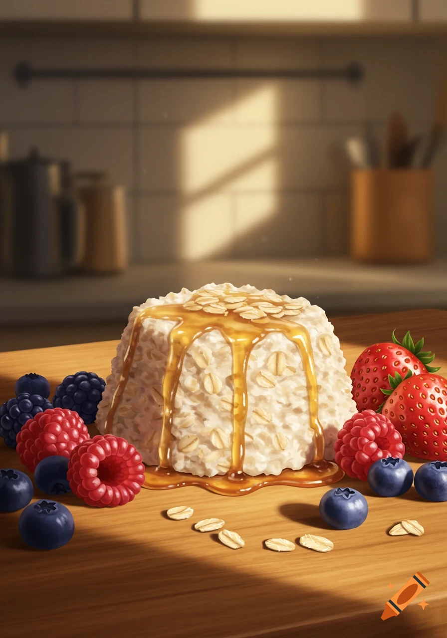 A molded block of oatmeal drizzled with syrup and topped with oats, surrounded by fresh berries on a wooden table in a sunlit kitchen.