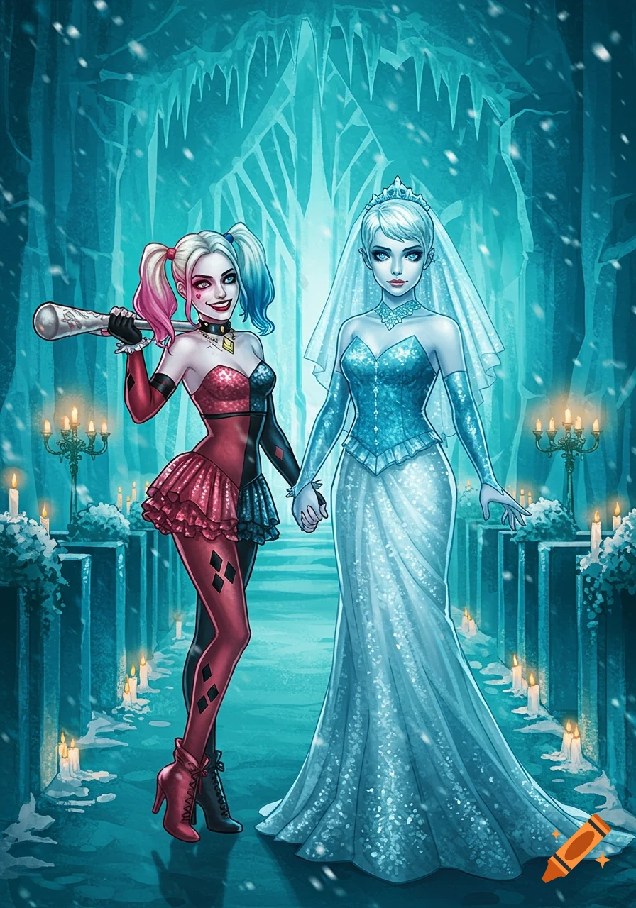 Harley Quinn and an ice queen bride hold hands in a snowy, candlelit ice cave in a comic art style.