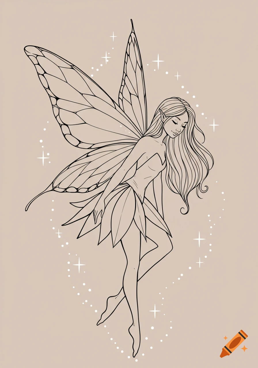 A black outline drawing of a serene fairy with long hair, butterfly wings, and a petal dress, on a beige background with sparkles.