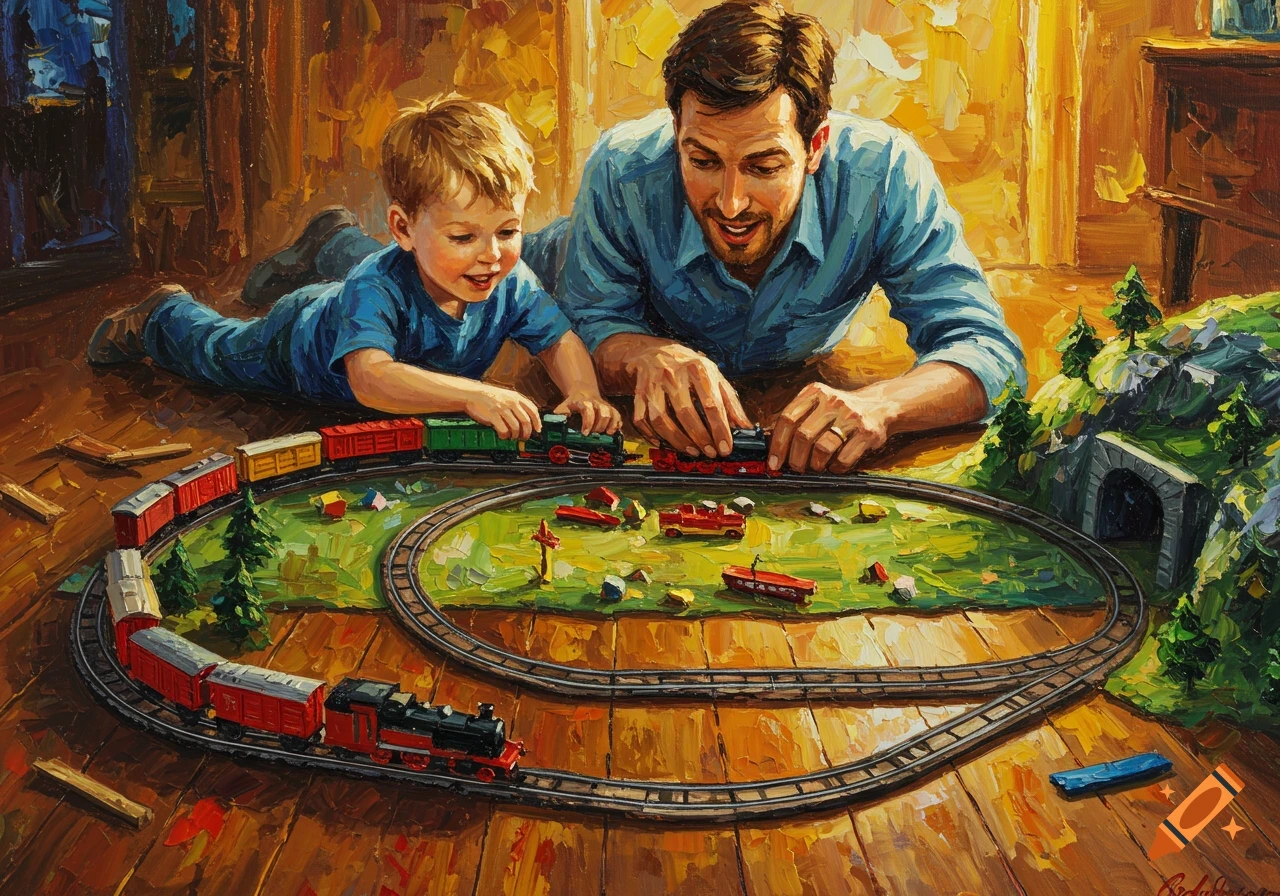 Impasto oil painting of a father and son playing with a toy train set on the floor.