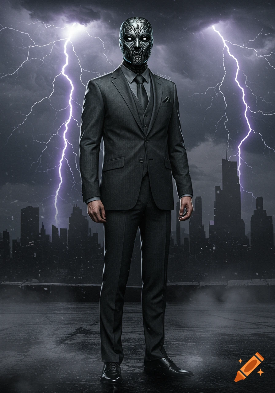 A masked supervillain in a grey suit stands on a rooftop against a stormy city skyline with lightning.