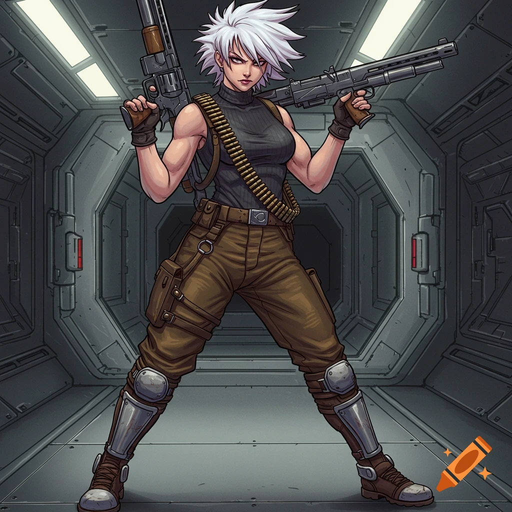An old-school anime sci-fi girl with white spiky hair, pink eyes, and a combat suit holding a revolver and a tactical shotgun in a spaceship corridor.