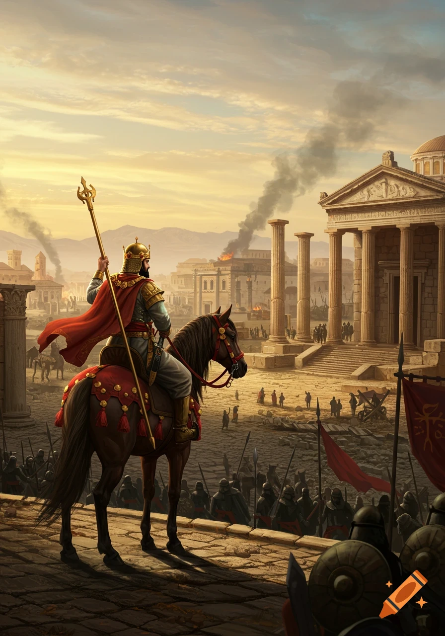 Sasanian king on horseback oversees a burning Roman city at sunset, with soldiers marching in the foreground. Detailed illustration.