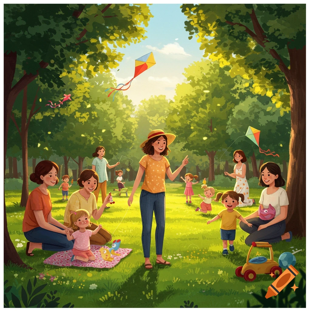 An illustration of women and children playing and flying kites in a sunny park.