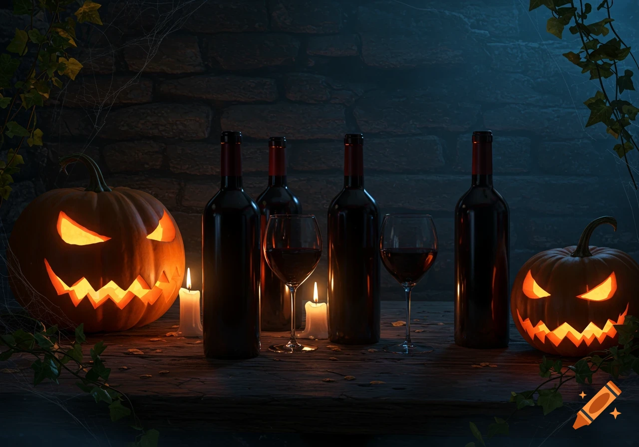 Two glowing jack-o'-lanterns, wine bottles, wine glasses, and candles on a wooden table with ivy and cobwebs against a dark brick wall.