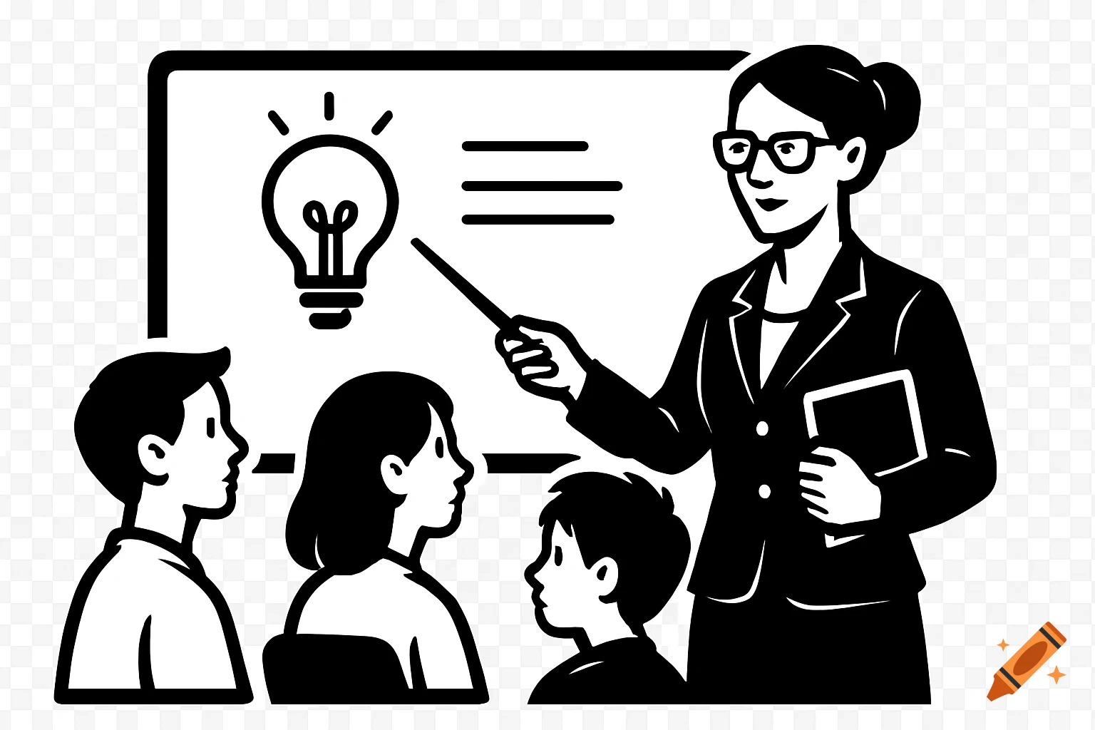 A black and white vector illustration of a teacher pointing at a whiteboard with a lightbulb idea icon and text, while three students listen.