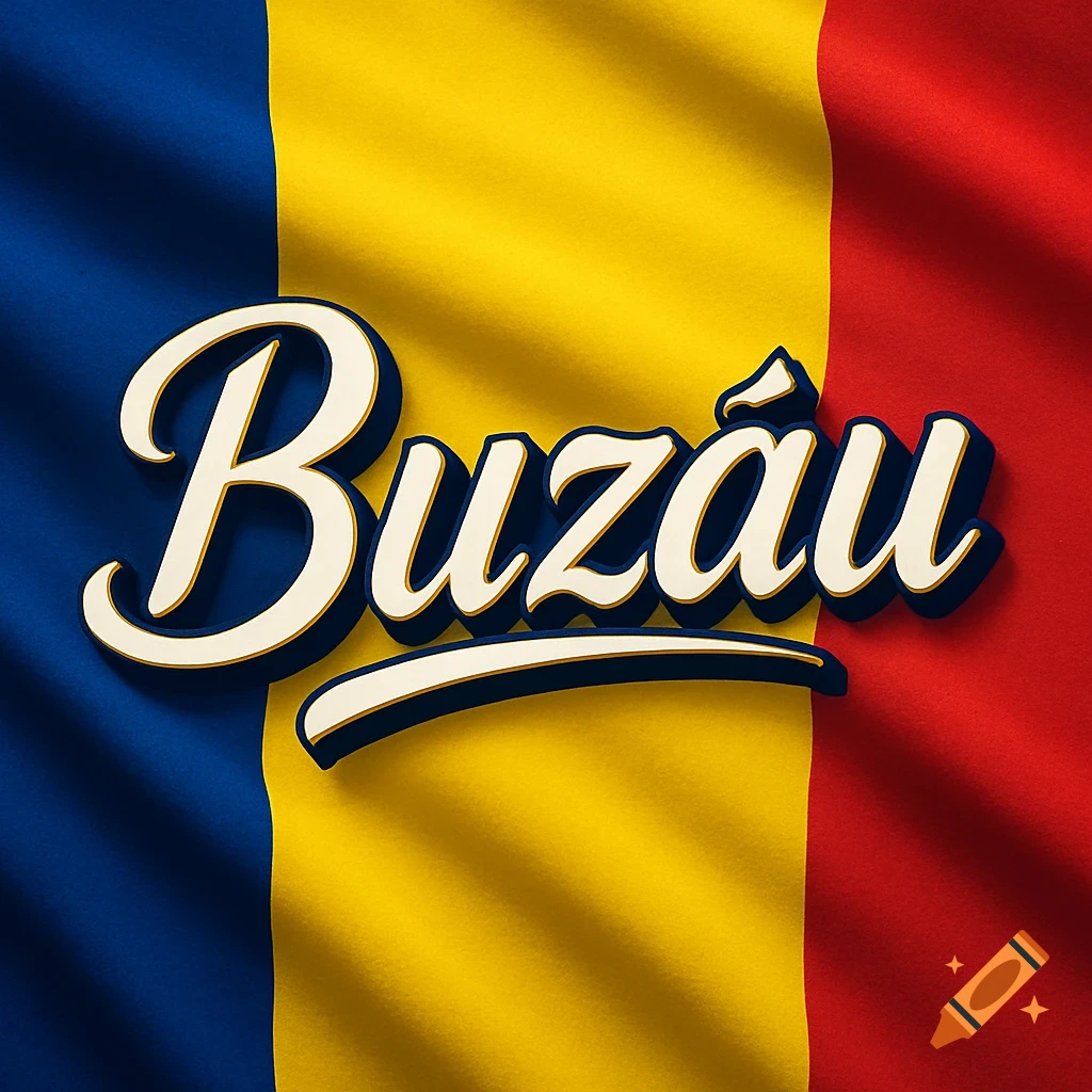The word 'Buzău' in a white, blue, and gold script font over a waving Romanian flag.
