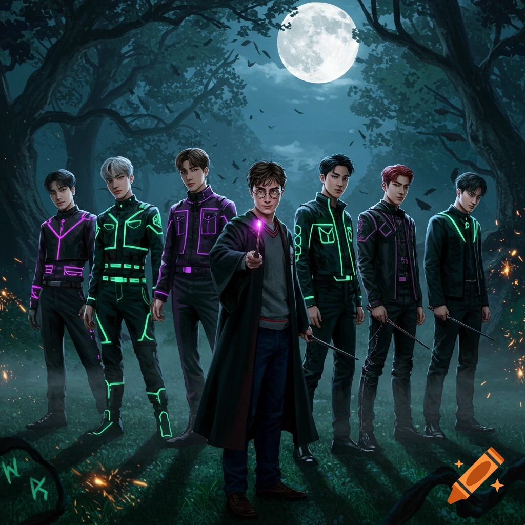 Harry Potter and six K-pop-style figures in glowing outfits holding wands in a dark, moonlit forest.