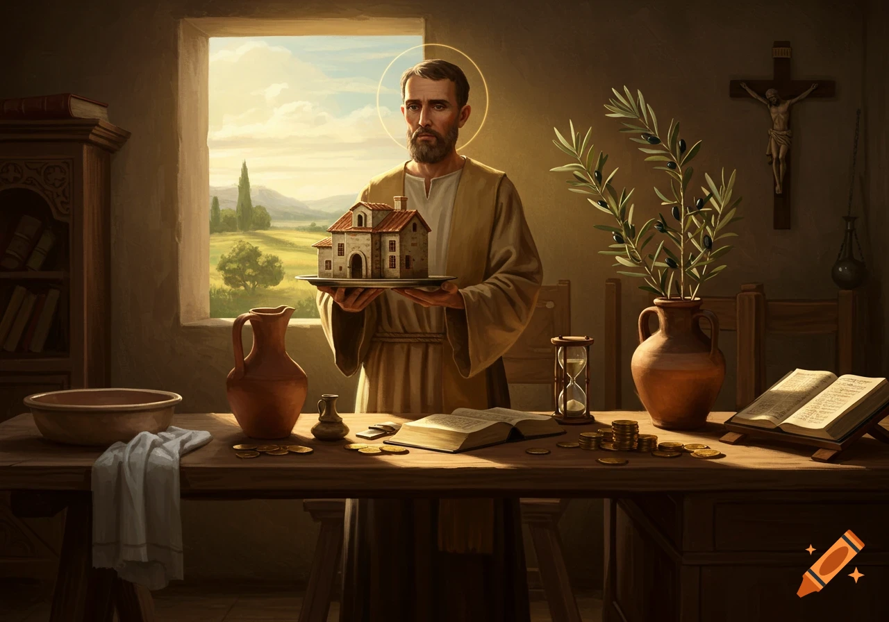 A man in ancient robes, likely a saint or apostle, with a halo, holds a model house on a platter. He stands in a room with a window overlooking a landscape, a crucifix on the wall, and a table filled with religious and symbolic items like a Bible, olive branch, hourglass, and gold coins.