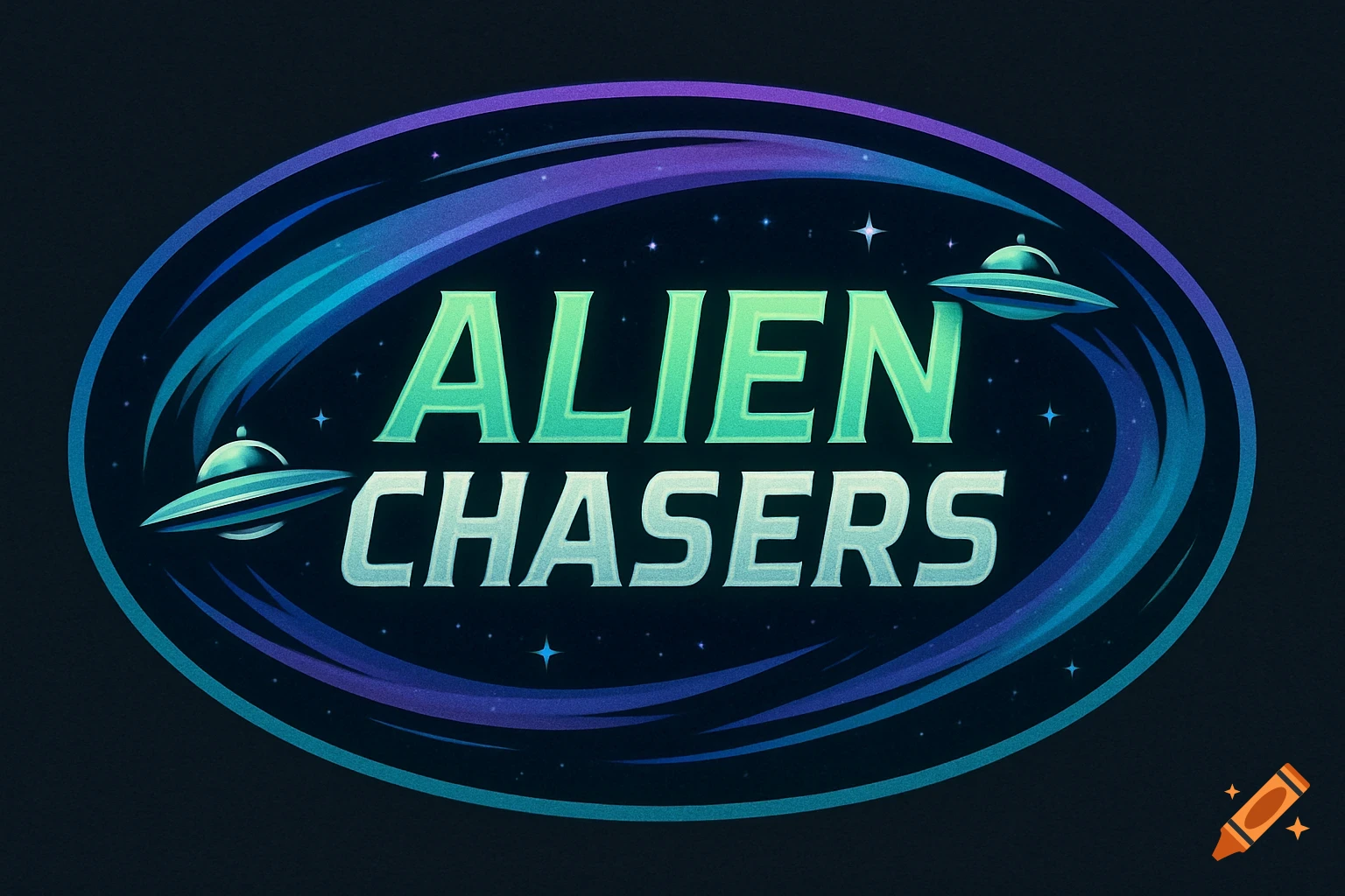 Stylized 'Alien Chasers' logo in an oval, with two UFOs, blue-purple cosmic swirls, and stars on a dark background.