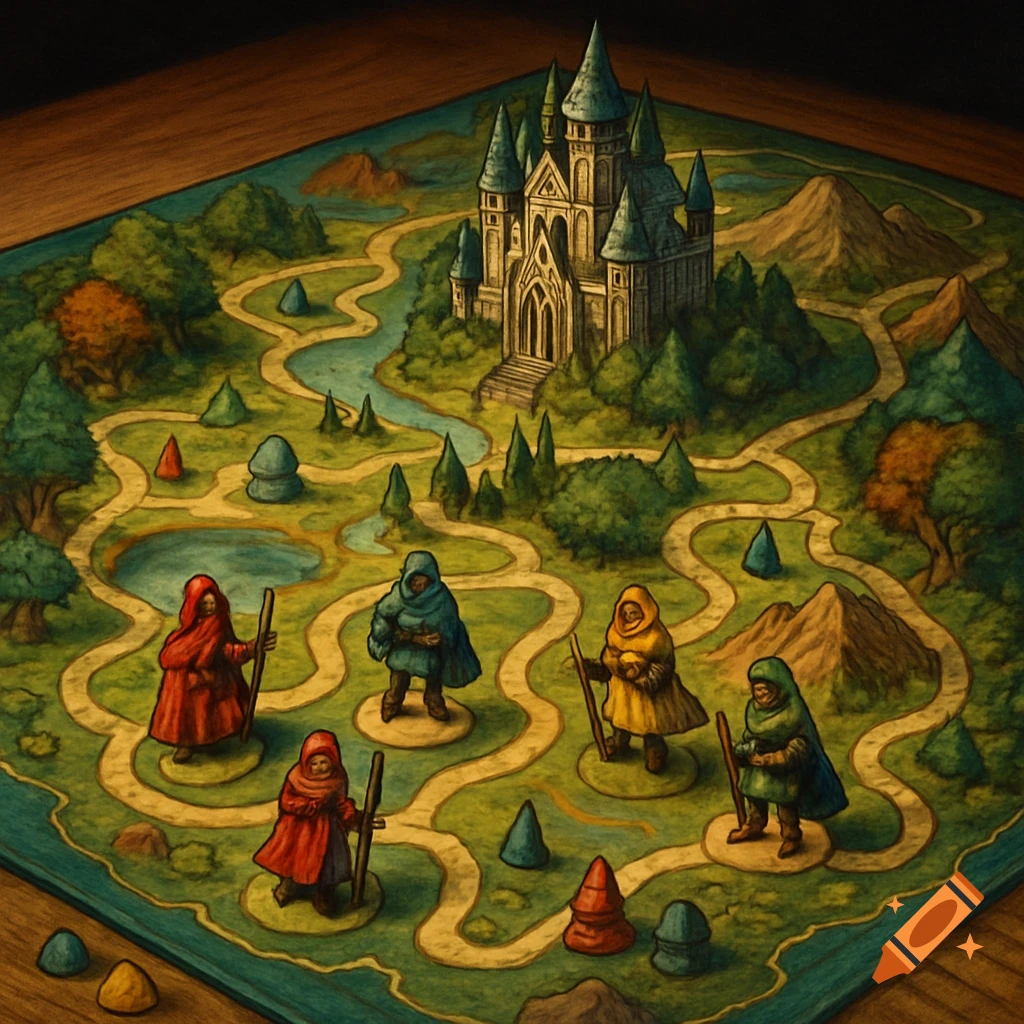 A detailed fantasy board game map featuring a castle, winding paths, a river, trees, and small cloaked figures as game pieces.
