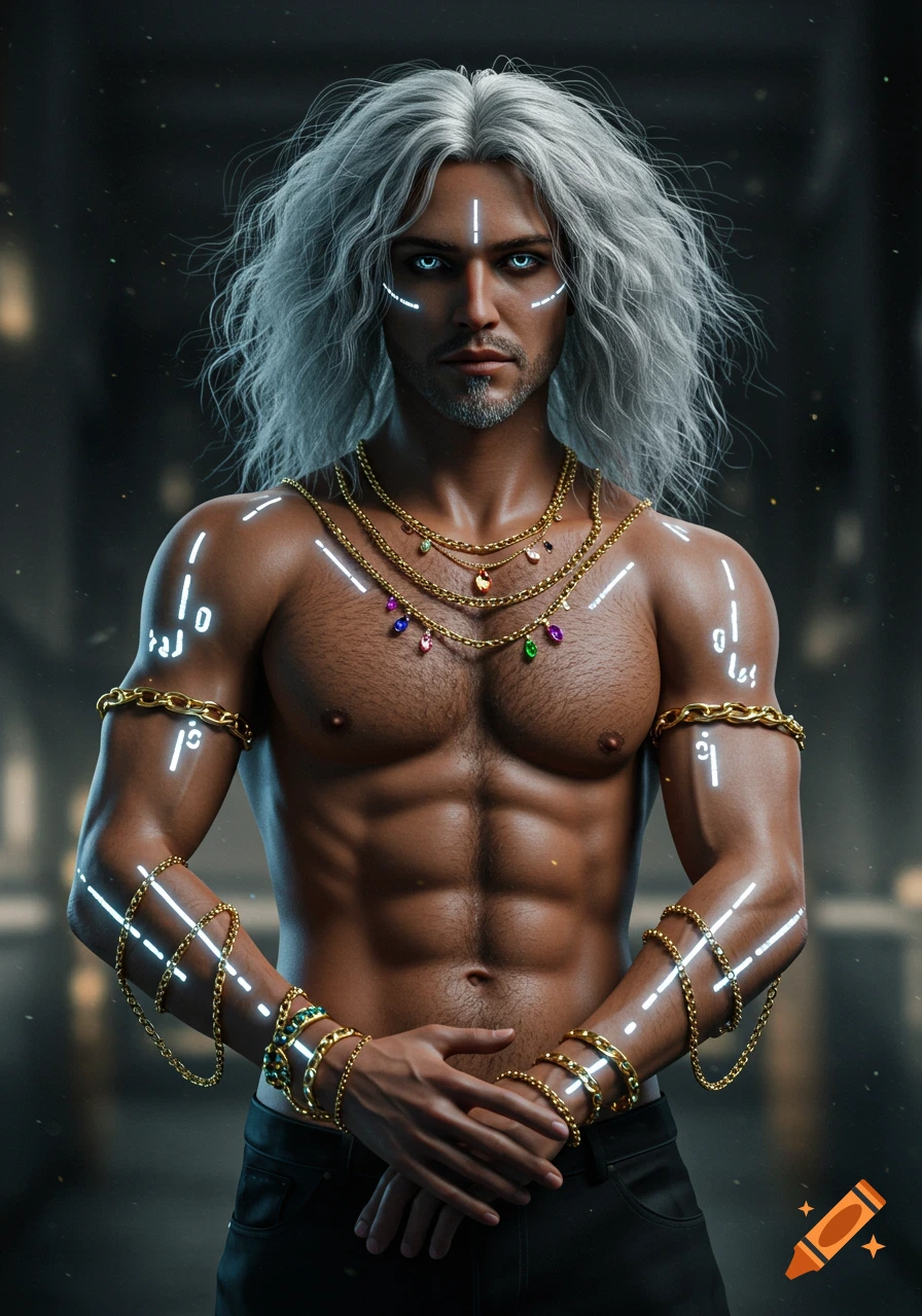 A muscular man with long silver hair and glowing blue eyes, adorned with gold chains and bioluminescent symbols on his body, in a photorealistic style.