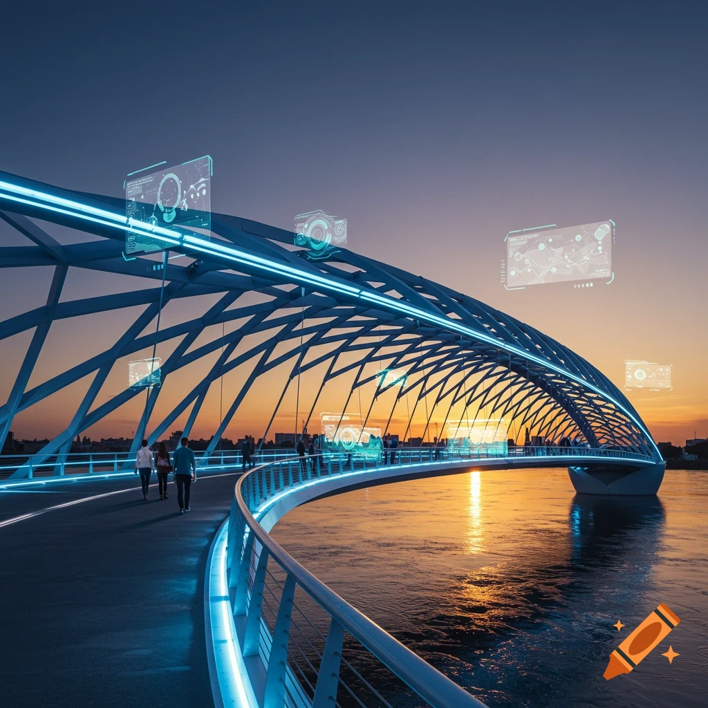 Futuristic bridge with glowing blue lights and holographic displays over a river at sunset.