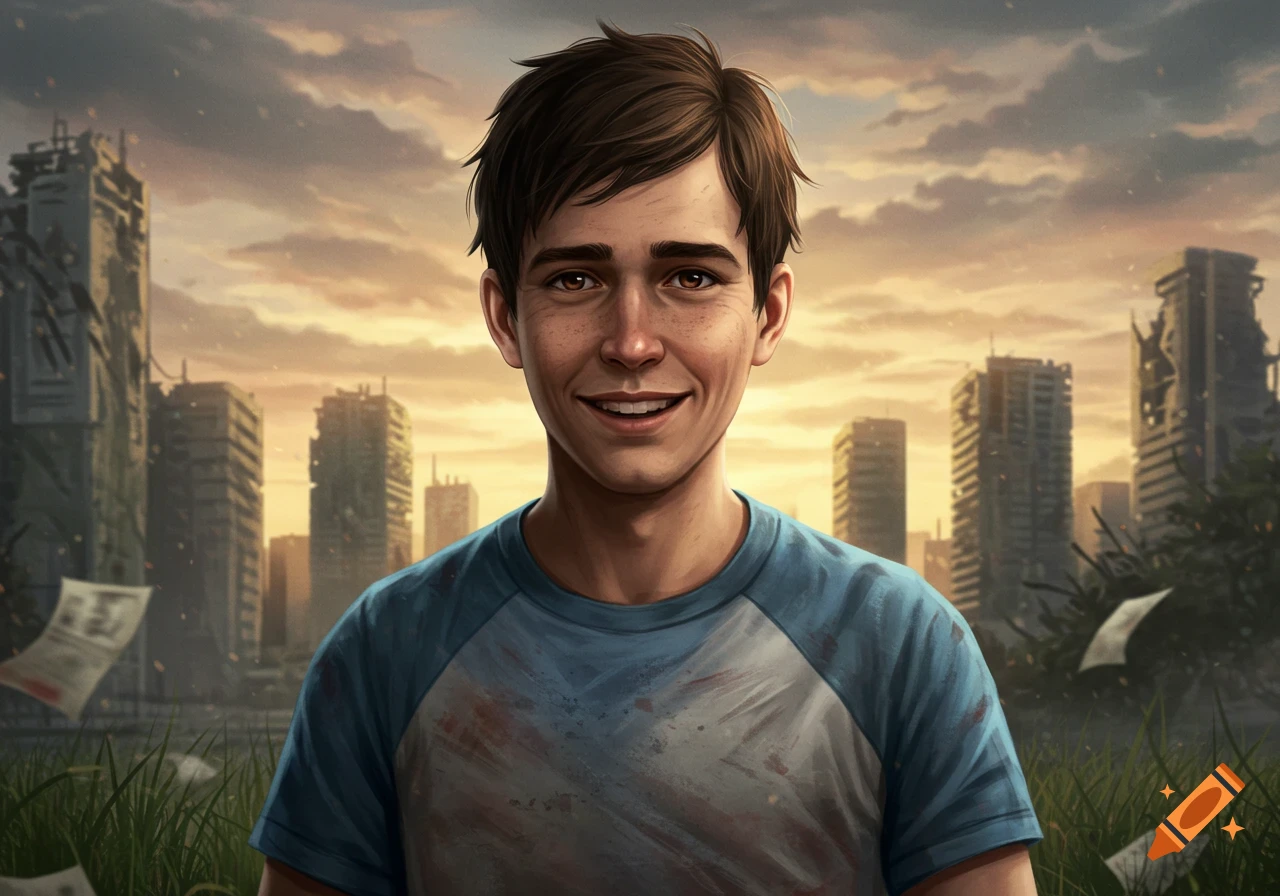 A smiling young man with brown hair and freckles wears a blue and white shirt, standing in a ruined city with overgrown grass and a cloudy sunset sky, digital painting.
