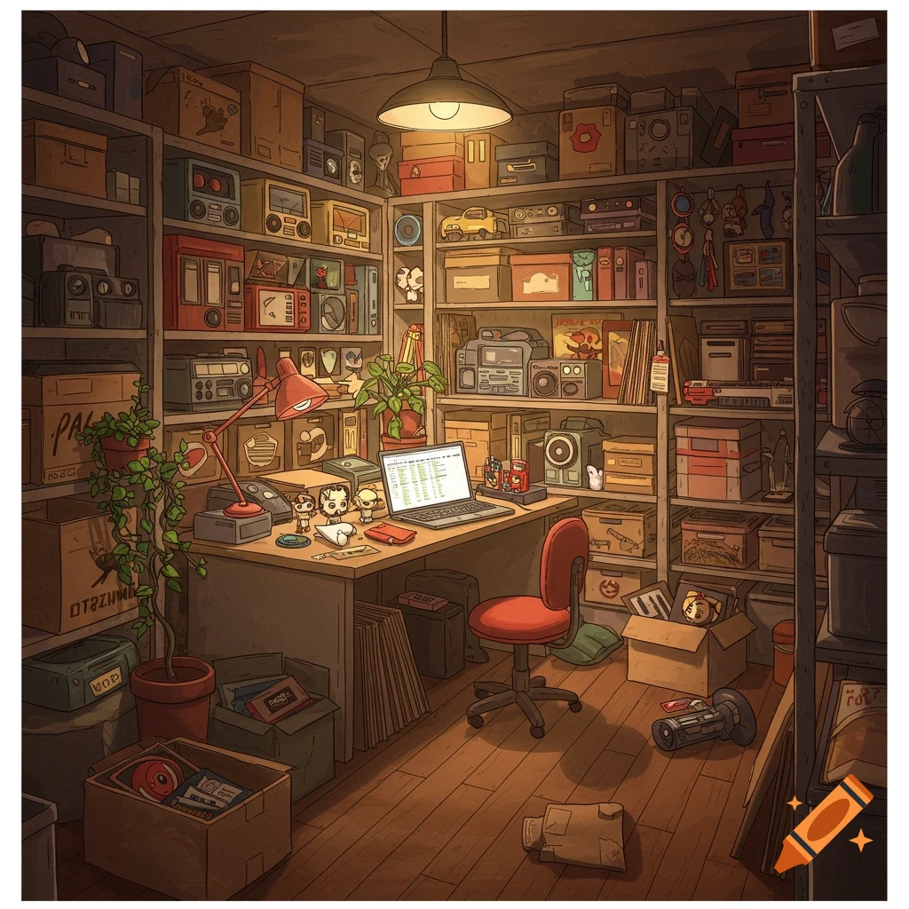 A cluttered, cartoonish storage room filled with shelves of boxes, electronics, and collectibles. A desk with a laptop and a red chair sits in the center.