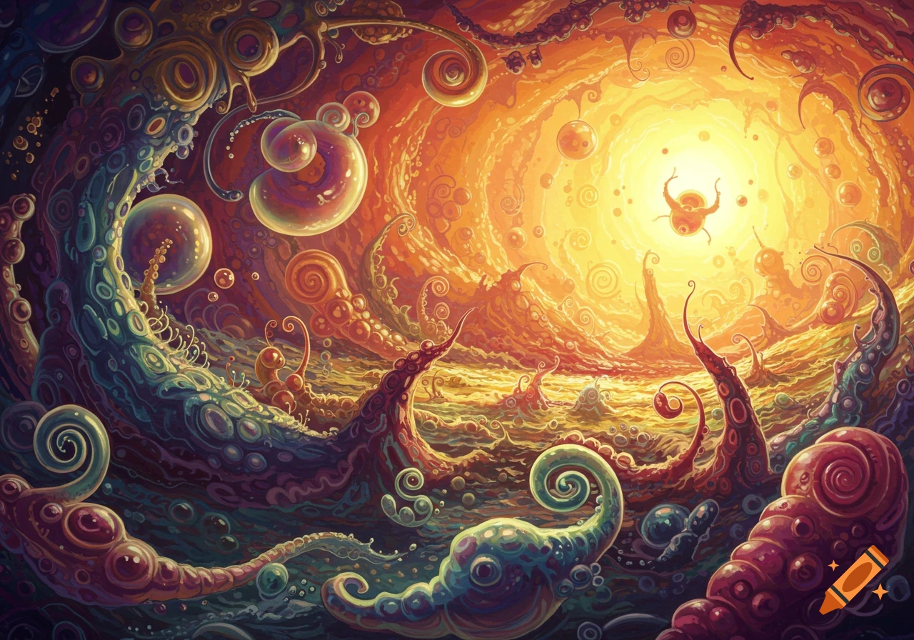 Vibrant, abstract psychedelic landscape with swirling organic forms, glowing bubbles, and a bright central light illuminating a small, alien-like creature.