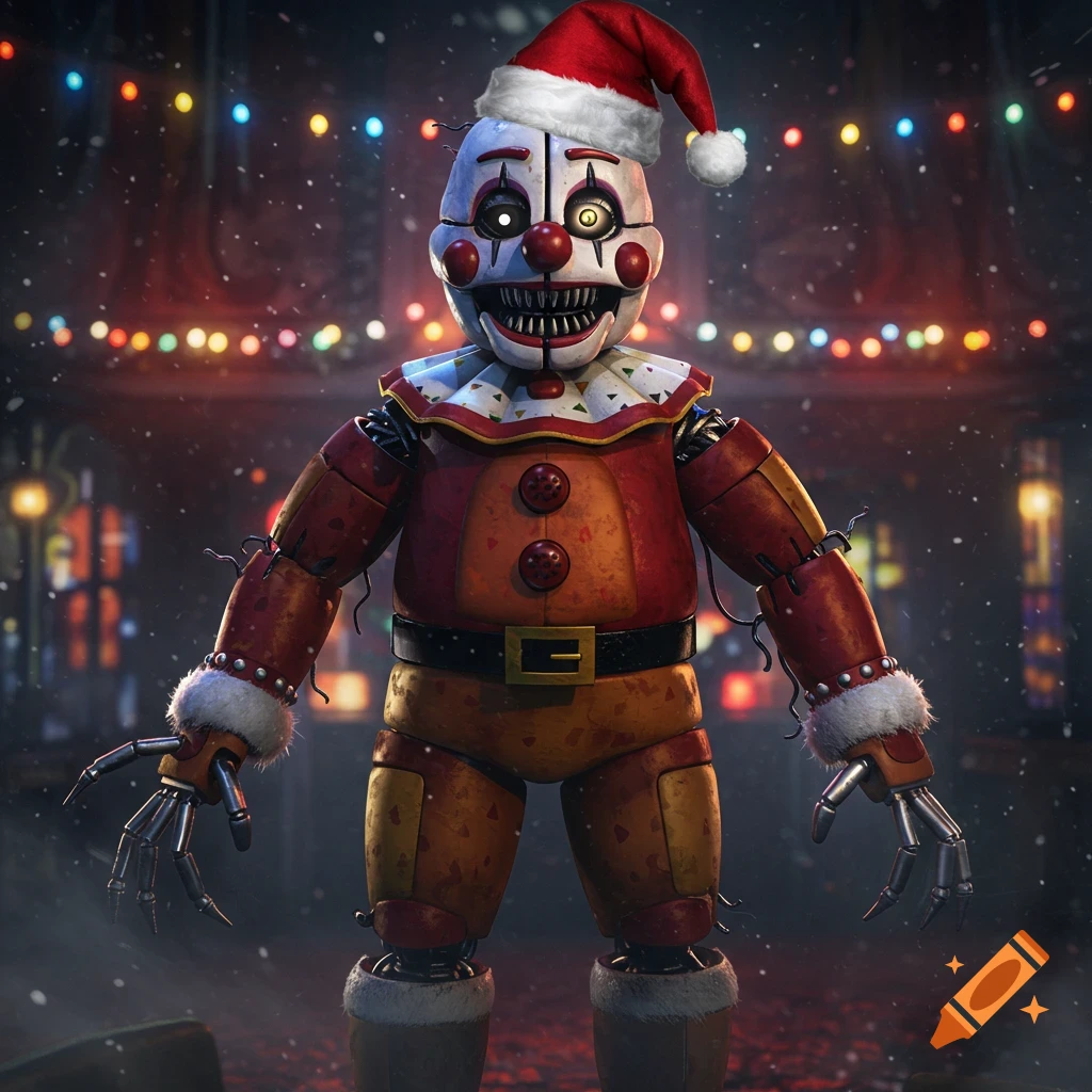 A scary Five Nights at Freddy's Santa clown animatronic with sharp teeth, glowing eyes, and mechanical hands, in a snowy Christmas setting.