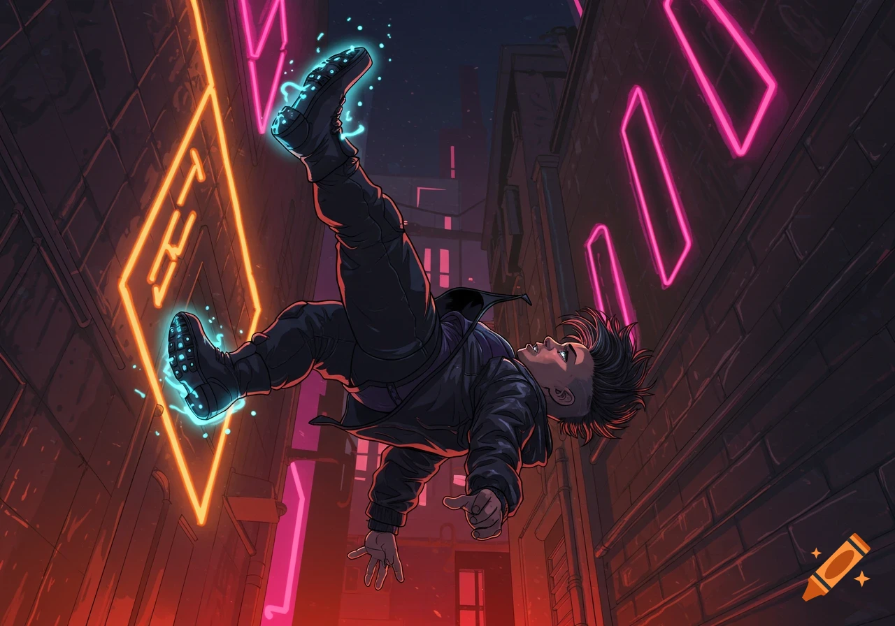 A person in a black jacket and glowing blue boots is mid-air, falling through a neon-lit alley in a comic-book style.