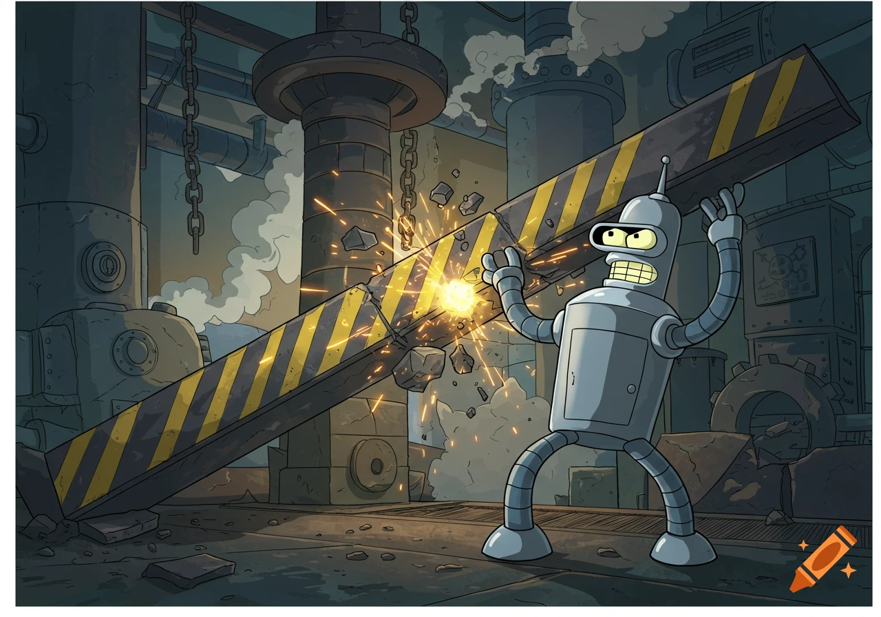 Bender the robot bends a striped girder in an industrial factory, with sparks flying. Cartoon art style.