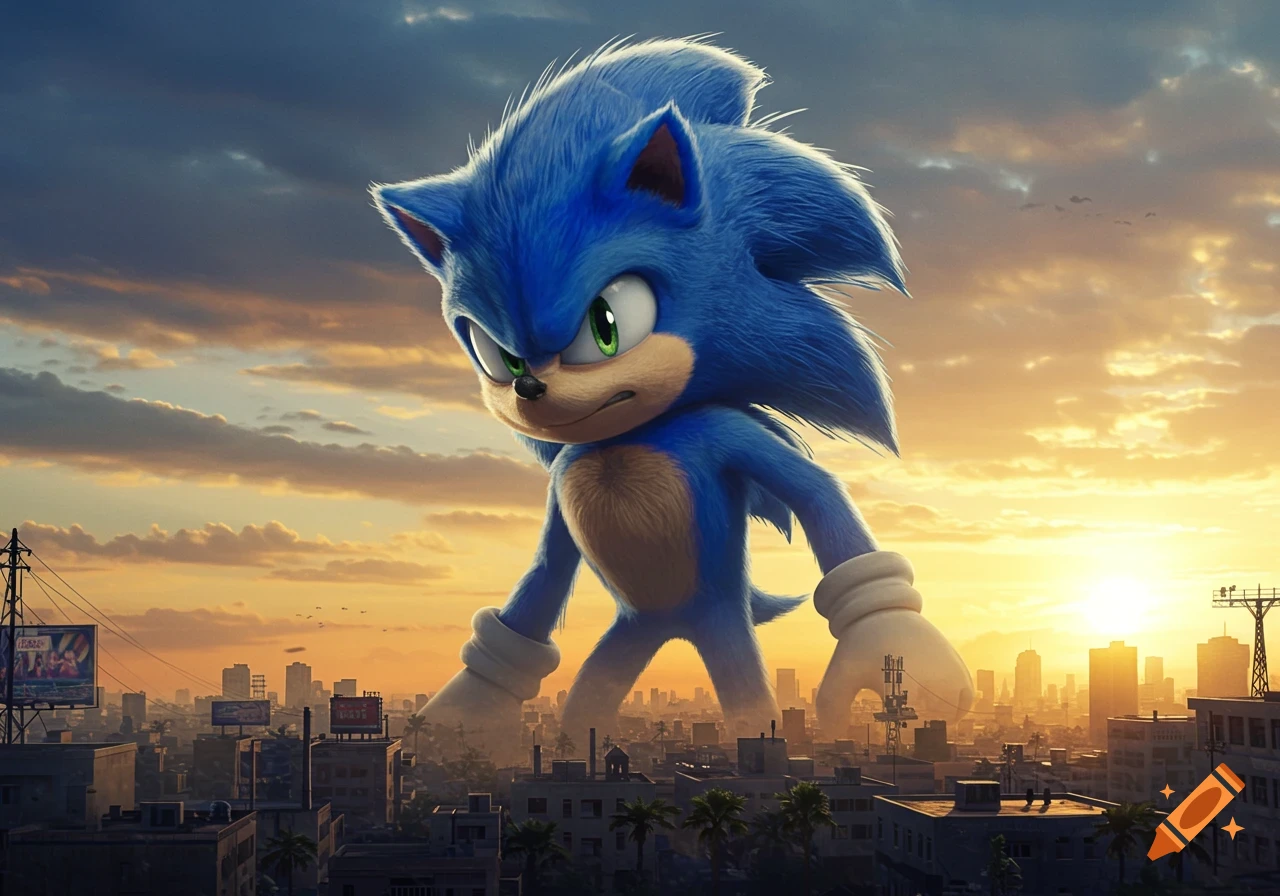 Giant realistic Sonic the Hedgehog stands over a city at sunset, looking determined.