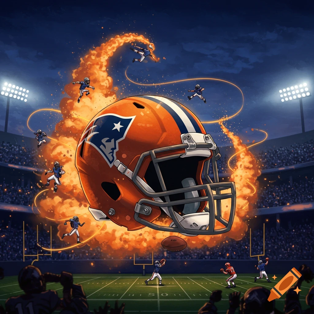 A stylized illustration of a large football helmet surrounded by smaller players, some engulfed in fiery trails, on a field in a stadium at night.