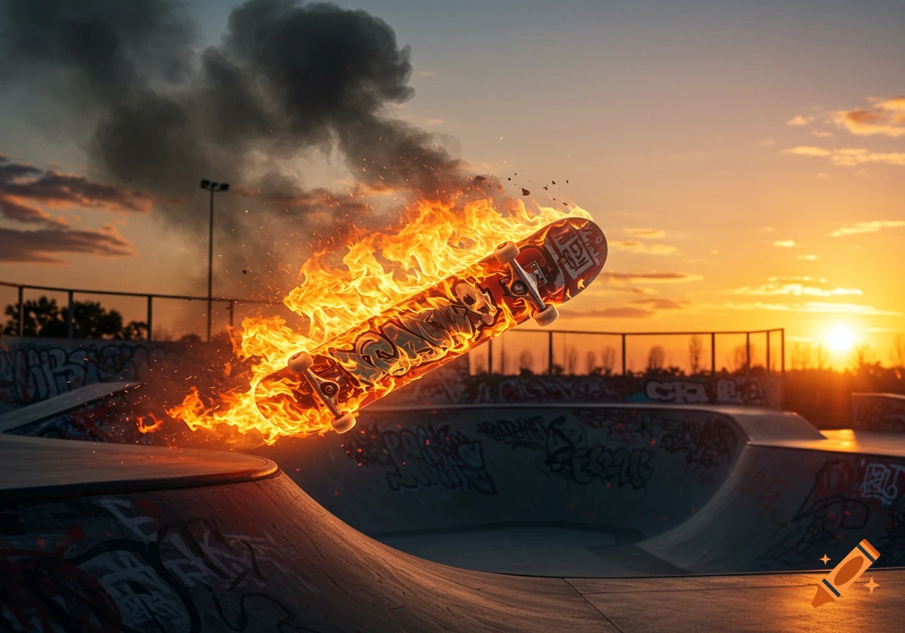 A skateboard engulfed in flames hovers above a ramp in a graffiti-covered skatepark at sunset, with smoke trailing behind.