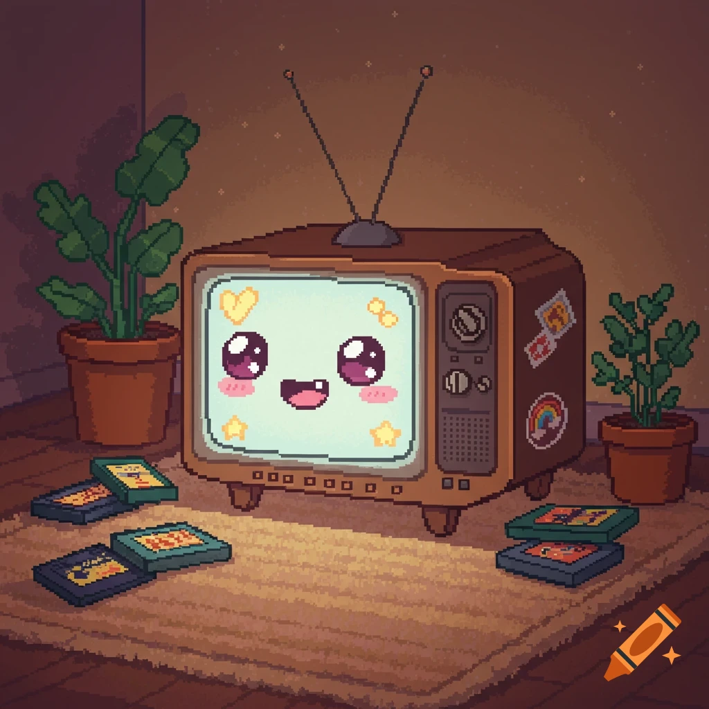 A cute, smiling pixel art retro TV with bunny ears and antennas, surrounded by potted plants and video game cartridges on a rug.