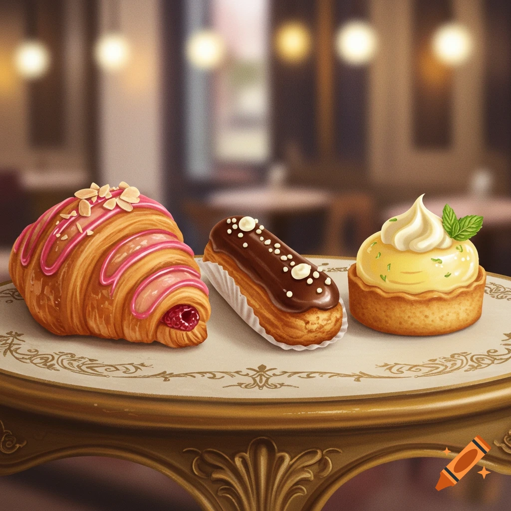 Three colorful pastries: a raspberry croissant, chocolate eclair, and lemon tart, on an ornate table in a cafe.