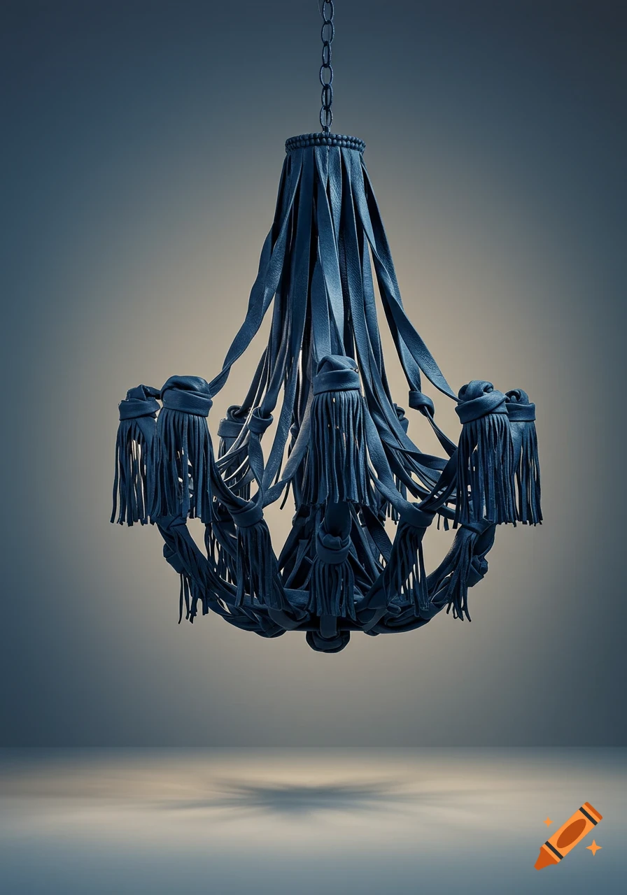 A sculptural chandelier made of deep blue leather with twisted ribbons and fringes, in a minimalist studio with soft lighting.