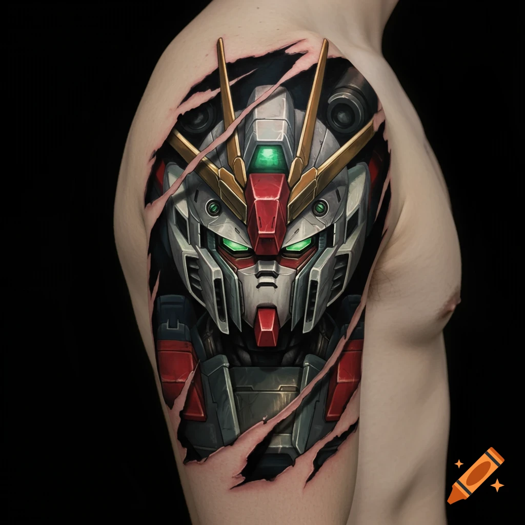 Vibrant, realistic Gundam Wing Zero head tattoo peering through torn skin on an arm.