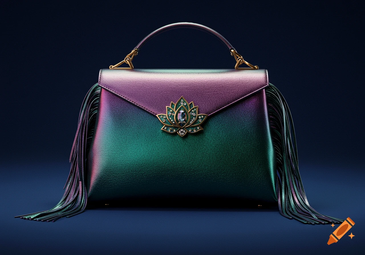 A stylish handbag with an iridescent purple-green gradient, fringe sides, and a jeweled lotus clasp on a dark background.