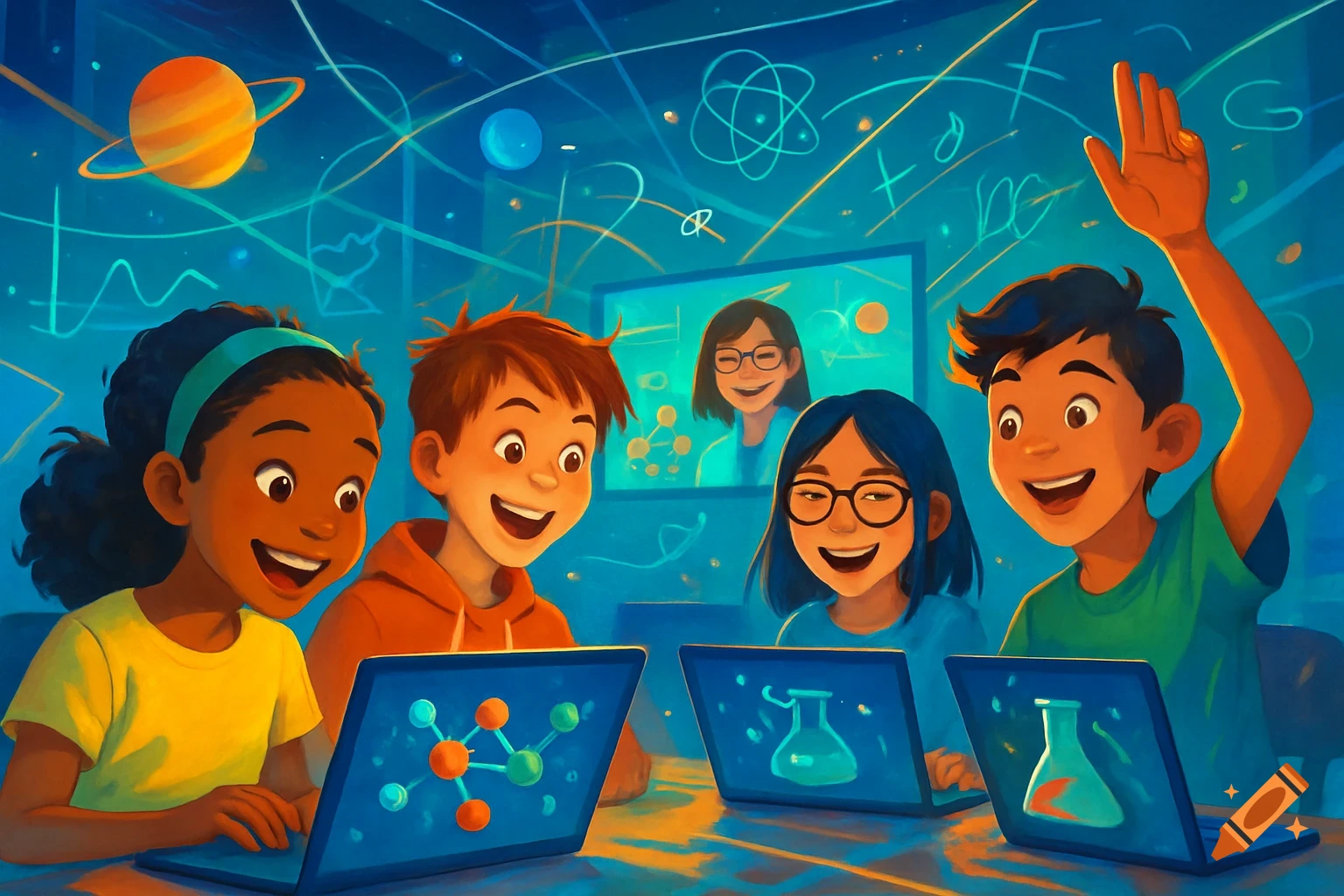 Cartoon illustration of four diverse children happily engaged in a virtual science class on laptops, with scientific symbols in the background.