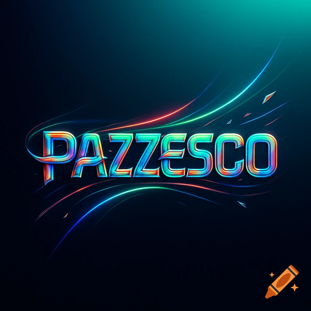 Stylized metallic logo of 'PAZZESCO' with vibrant, glowing neon light trails against a dark background.