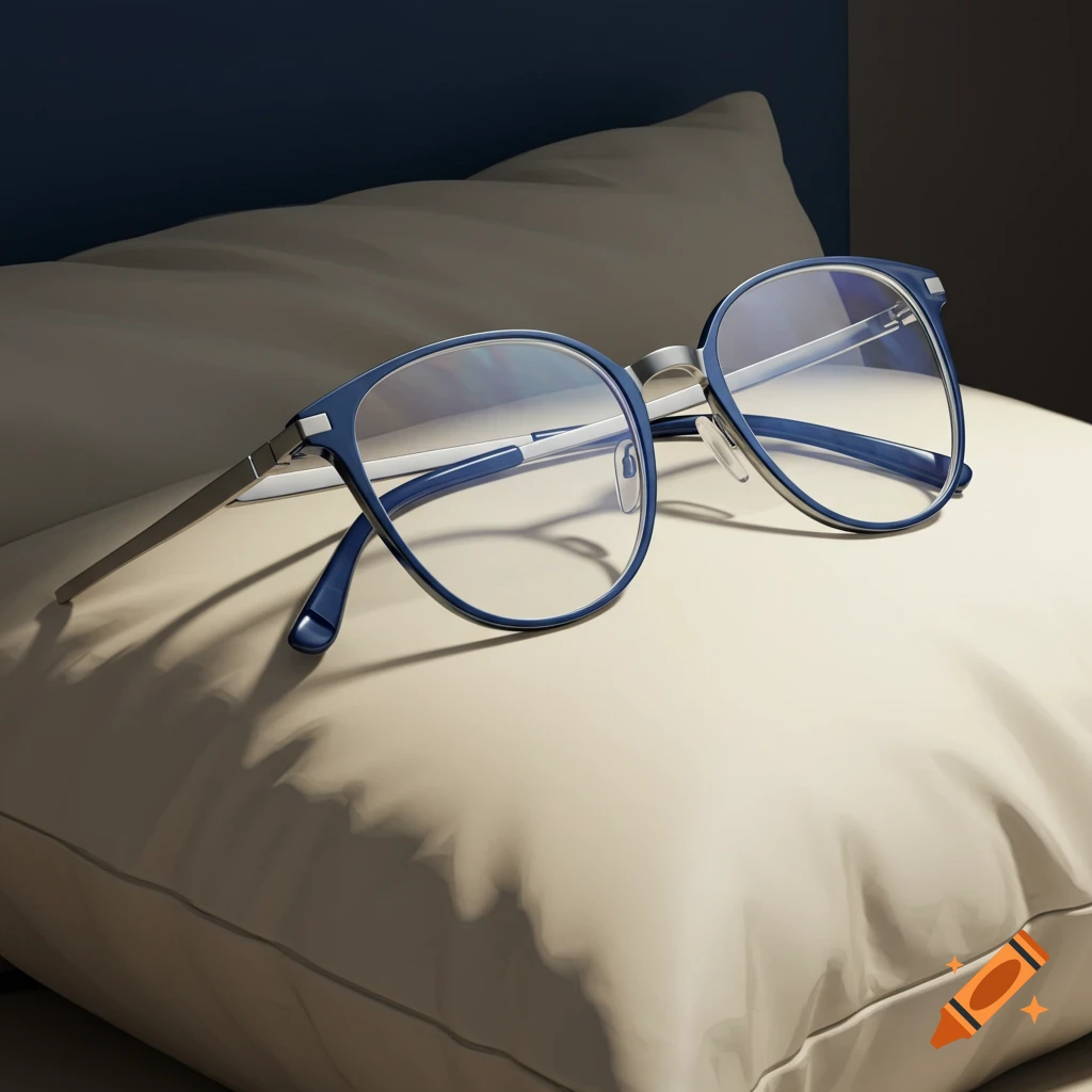 Sleek midnight blue and silver glasses resting on a beige pillow with soft lighting.
